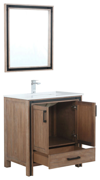 Ziva 30 Barnwood SG Vanity, Cultured Marble Top, Square Sink, 28 Mirror, Faucet