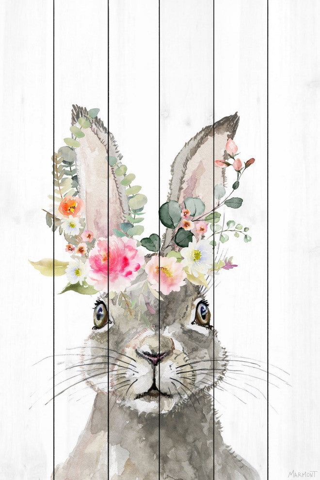 "Floral Crowned Hare" Painting Print on White Wood, 8x12