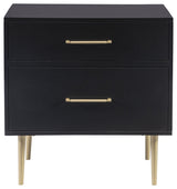Contemporary Nightstand, 2 Storage Drawers With Gold Sculpted Pulls, Black