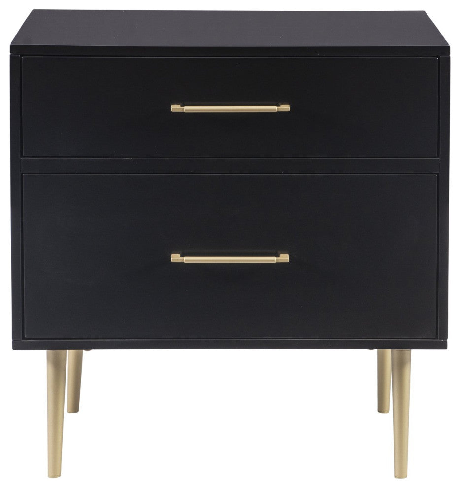 Contemporary Nightstand, 2 Storage Drawers With Gold Sculpted Pulls, Black