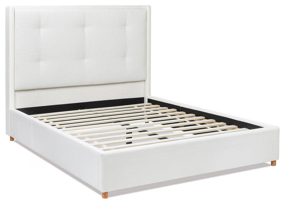 Miramar Cushion-Back Headboard Platform Bed Frame, Antique White Polyester, Queen