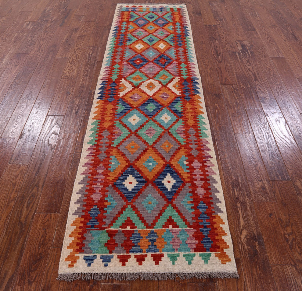 2' 8" X 9' 7" Runner Reversible Kilim Flat Weave Wool On Wool Rug - Q12561