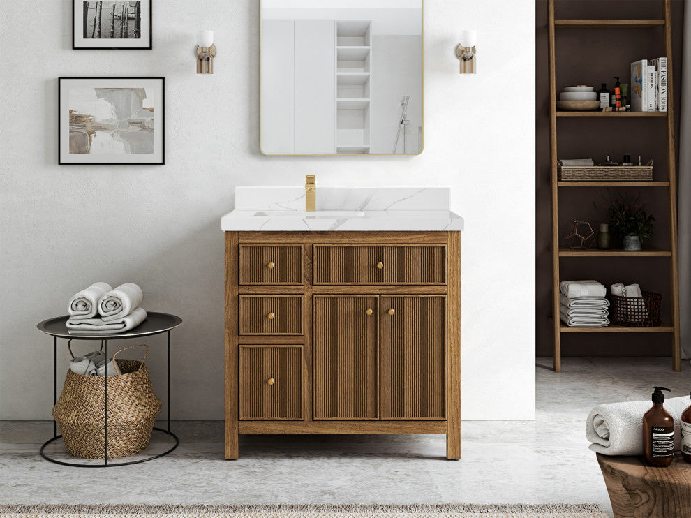 Sonoma Teak 36 Left Offset Bath Vanity in Dark Natural with 2" Calacatta Laza