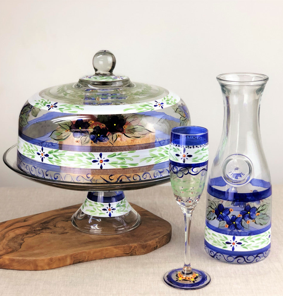 Blue Floral Champagne Glasses, Set of 2