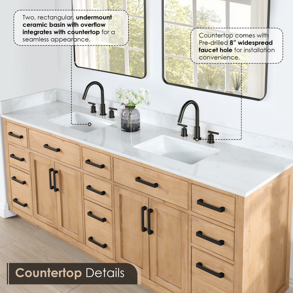 Gavino Vanity With Grain White Composite Stone Top, Light Brown/Matte Black, 84", No Mirror