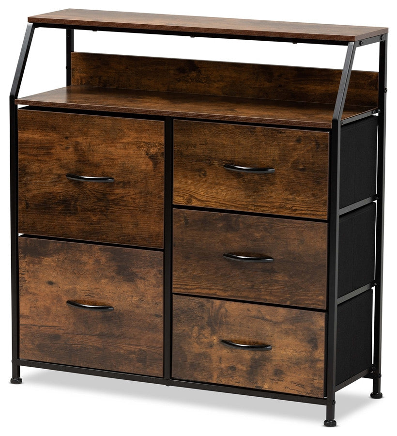 Industrial Walnut Brown Finished Wood Black Metal 5-Drawer Storage Cabinet