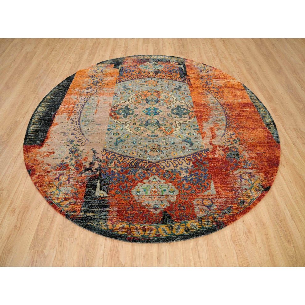 Orange Ancient Ottoman Erased Design Wool Hand Knotted Round Rug 10'x10'