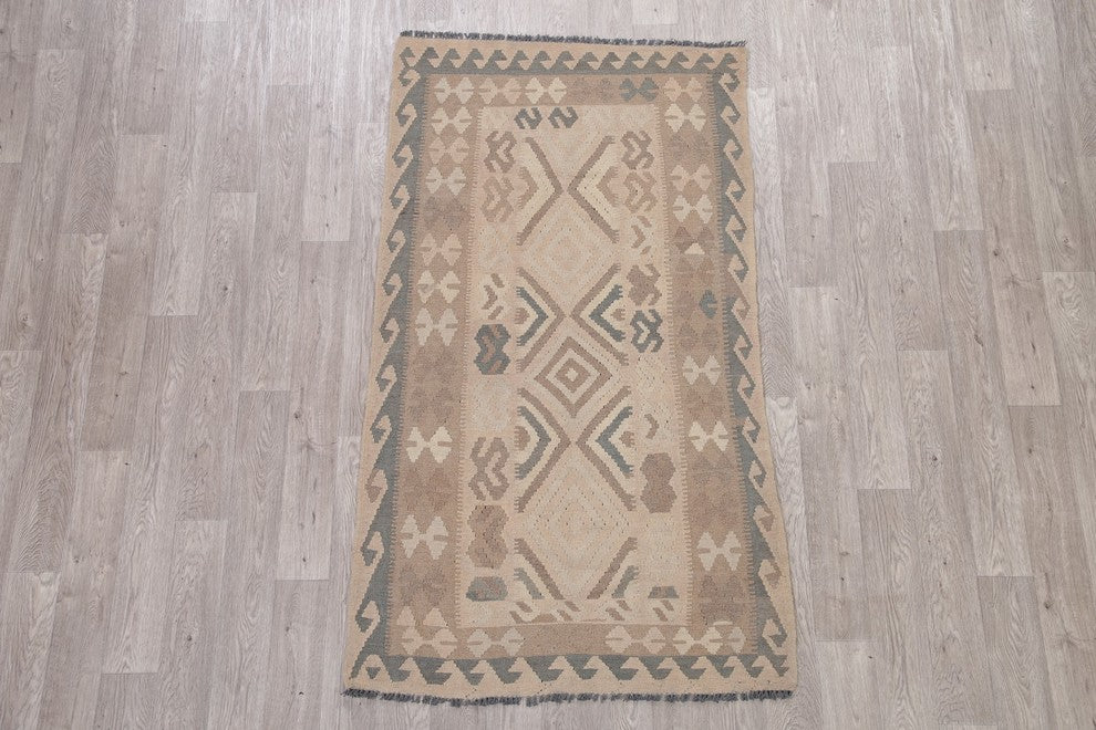 Kilim Flat-Woven Wool Oriental Traditional Turkish Area Rug, Beige, 6'6"X3'9"
