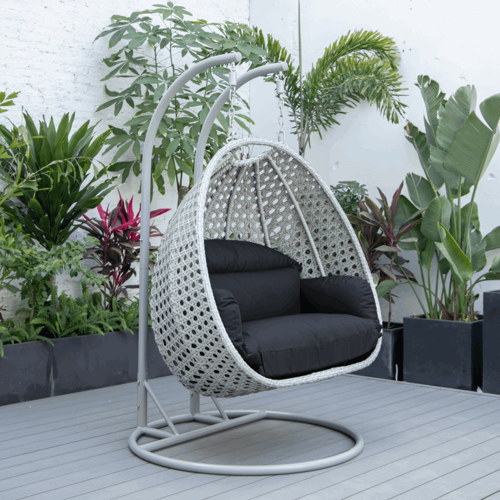 LeisureMod Mendoza Light Brown Wicker Hanging Double Egg Swing Chair, Dark Gray