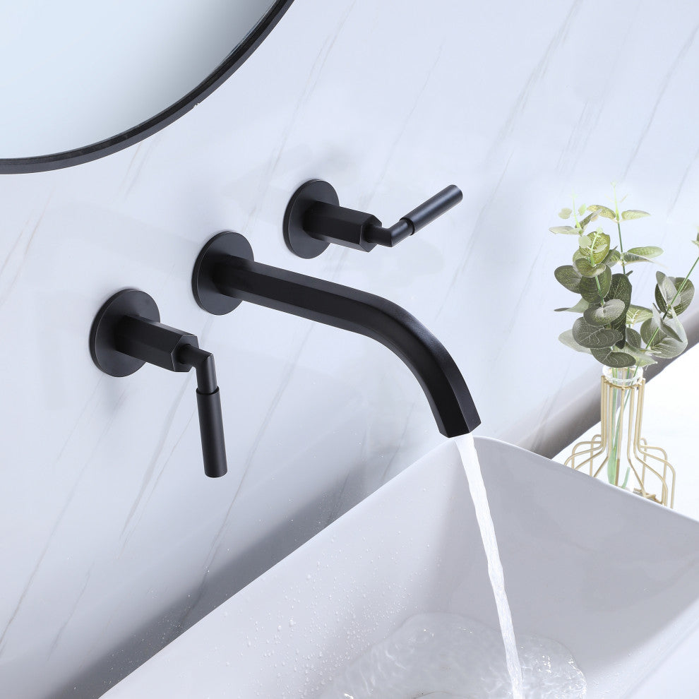 Wall Mounted Dual Handles Bathroom Sink Faucet, Matte Black
