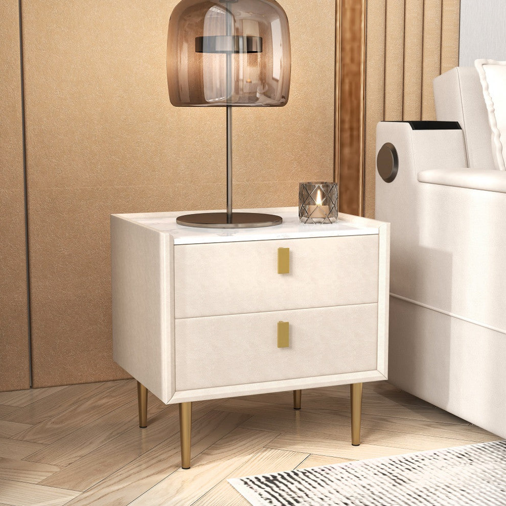 2 Drawers Nightstand PU Leather Bedside Table Nightstand with Gold Metal Legs