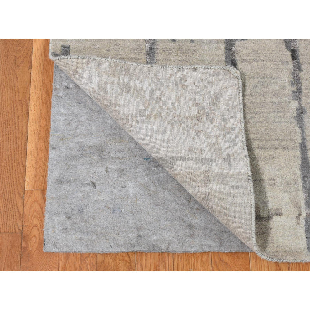 Gray, Abstract Dripping Design, Wool and Silk, Hand Knotted Rug, 8'10"x12'3"