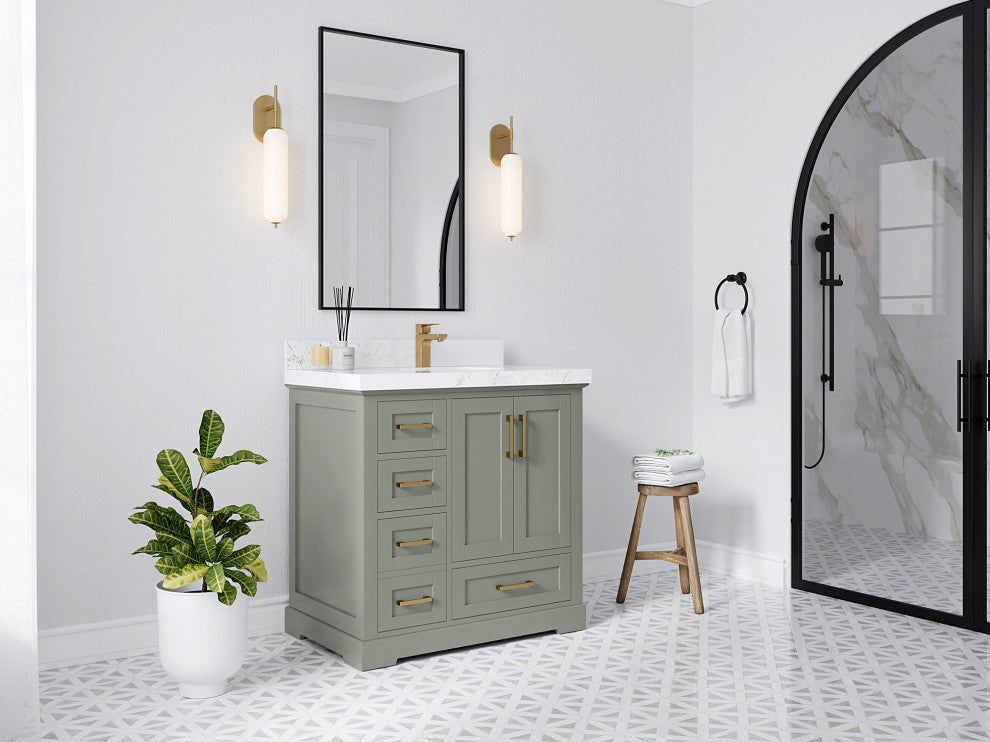 Boston 36 Right Offset Bath Vanity in Evergreen 2" Pearl Gray