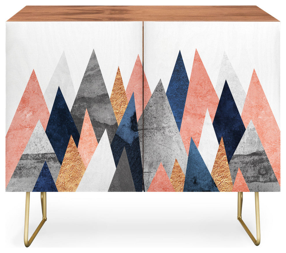 Deny Designs Pink and Navy Peaks Credenza, Walnut, Gold Steel Legs