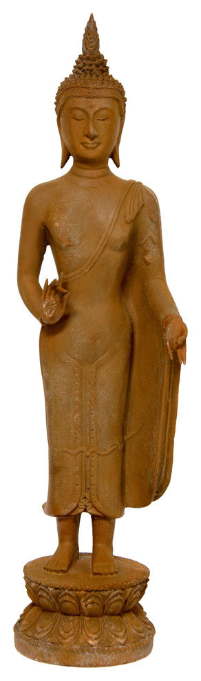 21" Thai Standing Gebon Rust Patina Buddha Statue