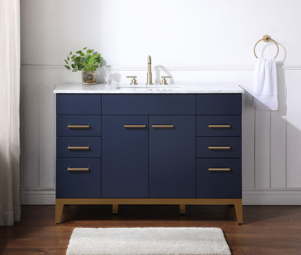 Enigma 48" W Freestanding Bath Vanity, Blue With White Carrara Marble Top