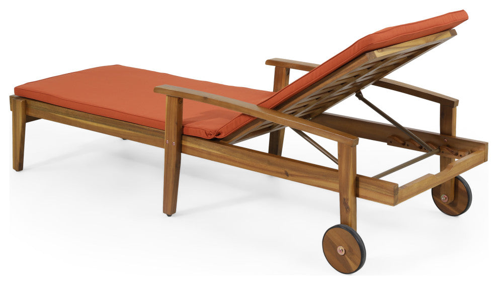 CKH Lucknow Outdoor Acacia Wood Chaise Lounge With Water Resistant Cushion, Orange