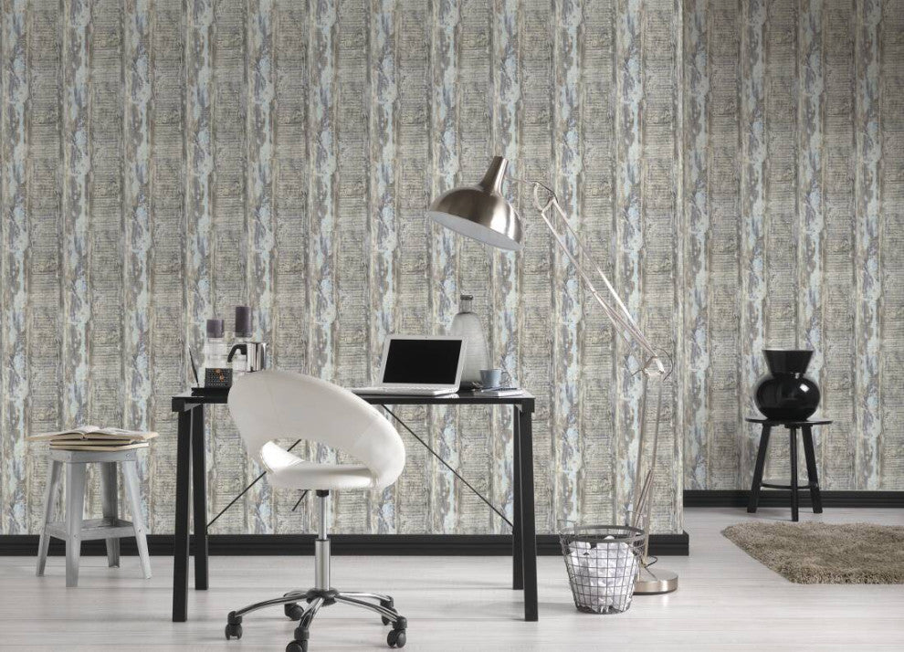 Faux Textured Wallpaper, Wooden Look, Beige Blue Brown, One Roll