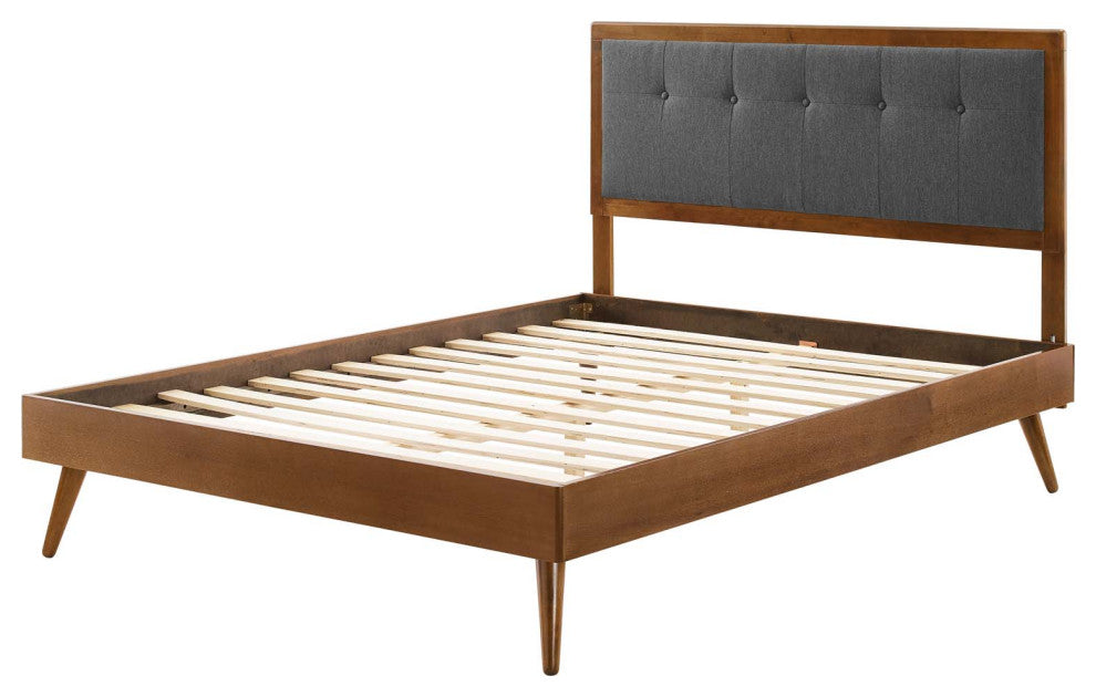 Platform Bed Frame, King Size, Wood, Brown Walnut Gray, Modern Mid-Century
