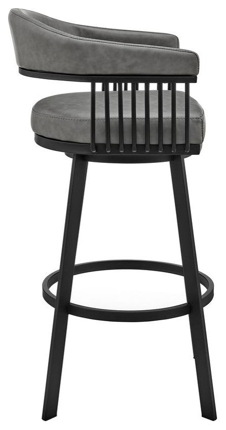 Bronson 30 Bar Height Swivel Bar Stool in Black Finish and Grey Faux Leather