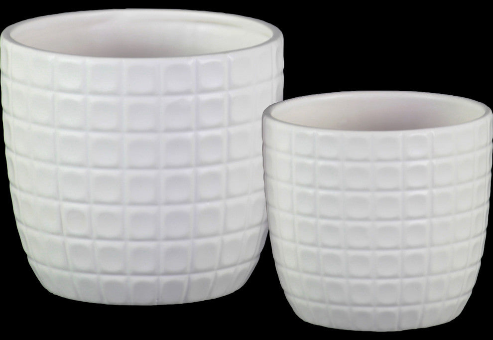 Round Pots, Embossed Lattice Square Design Body, 2-Piece Set, White