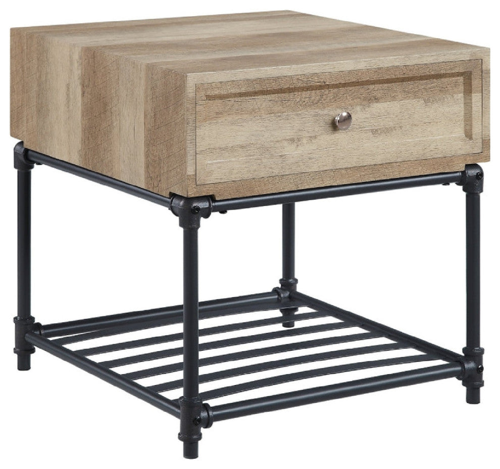 Benzara BM276288 End Table, 1 Drawer, Industrial Design, Slatted Shelf, Oak