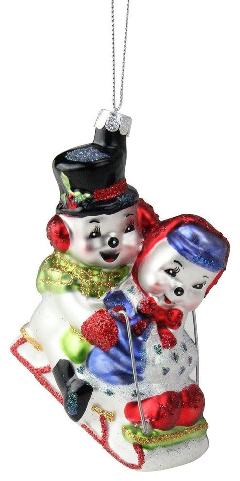 4.5" Festive Cheerful Sledding Snowmen Couple Glass Christmas Ornament