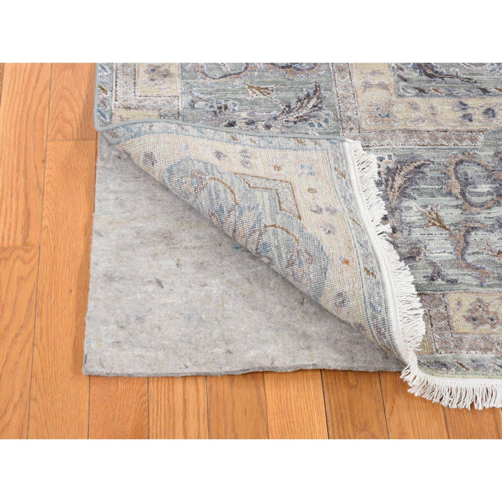 Light Green Pure Silk Wool Mughal Design Hand Knotted Oriental Rug 7'10"x10'