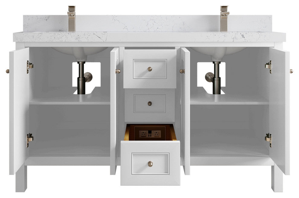 Nashville 60" Double Bathroom Vanity, White 2" Empira Quartz