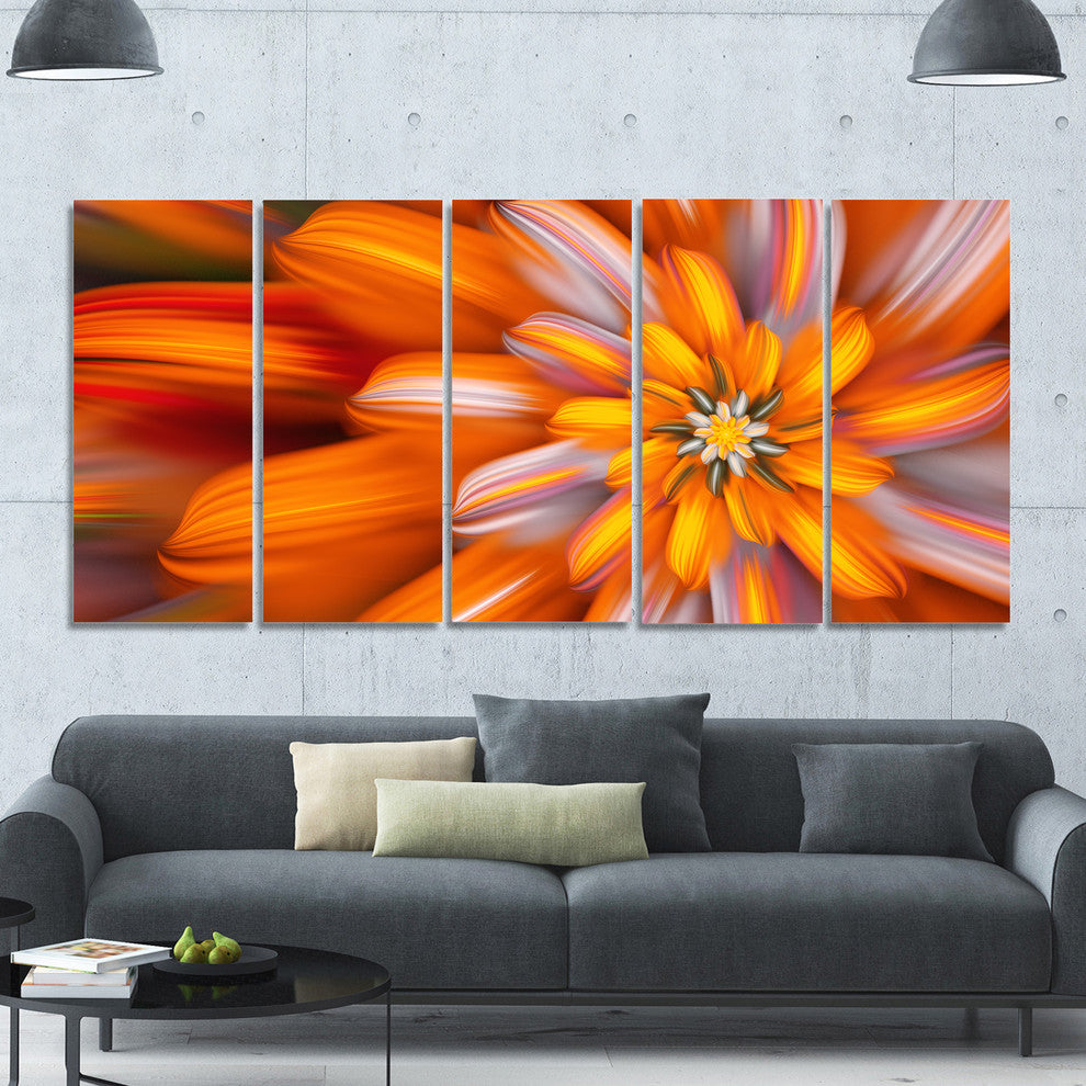 Massive Orange Fractal Flower, Floral Canvas Art Print, 60"x28", 5 Panels