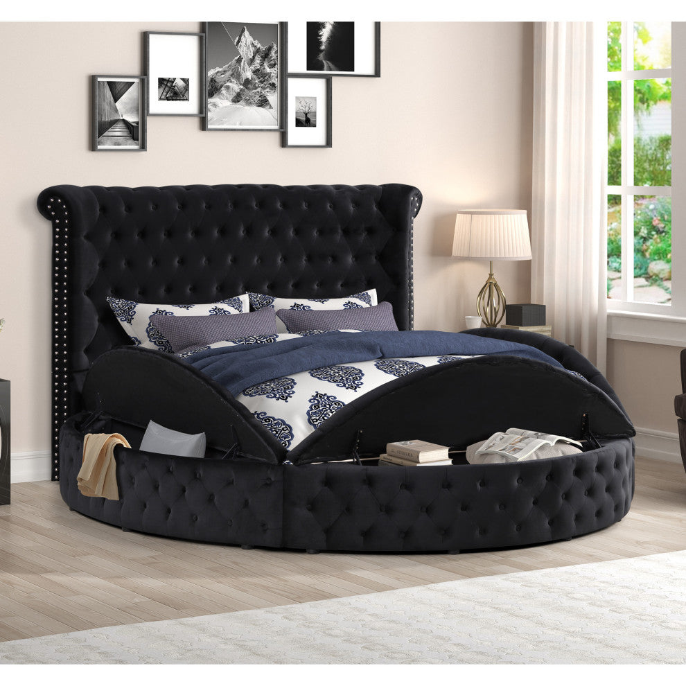 Isabella Tufted Velvet Round Platform Bed With Storage, Black, California King