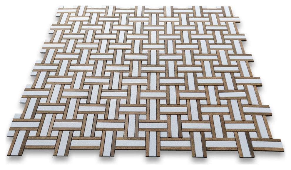 Thassos White Marble Twine Basketweave Mosaic Tile Yellow Woodgrain, 1 sheet