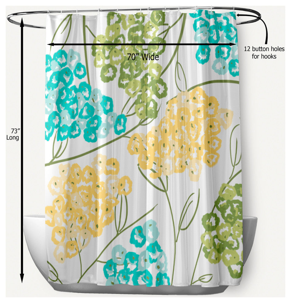 70"Wx73"L, Hydrangeas, Floral Print Shower Curtain, Yellow, 70"x73"