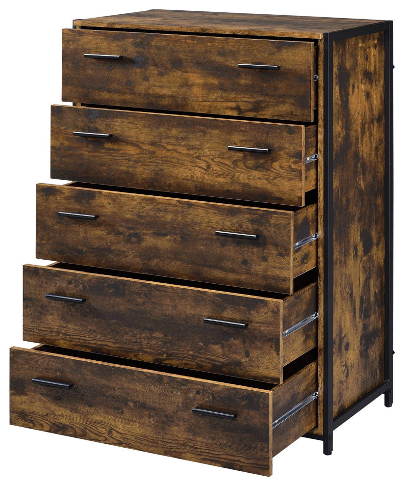 Industrial Vertical Dresser, 5 Drawers With Double Bar Pulls, Rustic Oak/Black