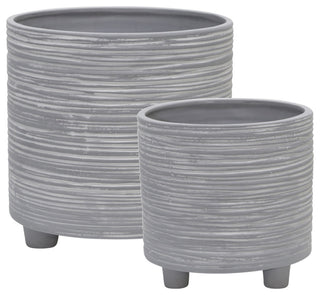 Ceramic Footed Planter With Lines 6/8", Beige