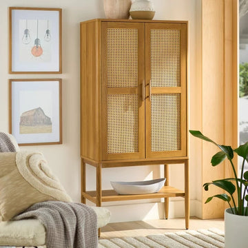 Tall Storage Cabinet with Rattan Front Doors and Adjustable Shelves, Light Honey