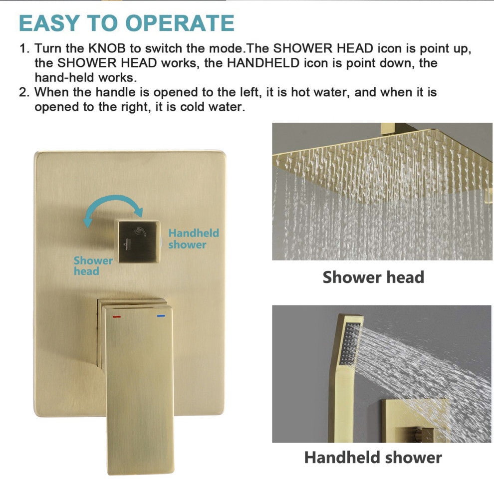 Ceiling Mounted Shower System Set With 16" Rain Shower Head, Brushed Gold