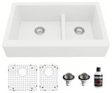 Karran Retrofit Farmhouse Quartz 34" Double Offset Bowl Sink Kit, White