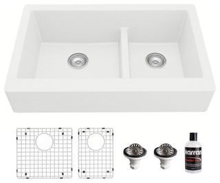 Karran Retrofit Farmhouse Quartz 34" Double Offset Bowl Sink Kit, White
