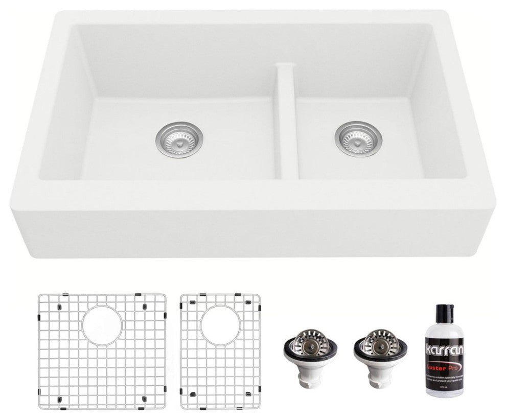 Karran Retrofit Farmhouse Quartz 34" Double Offset Bowl Sink Kit, White