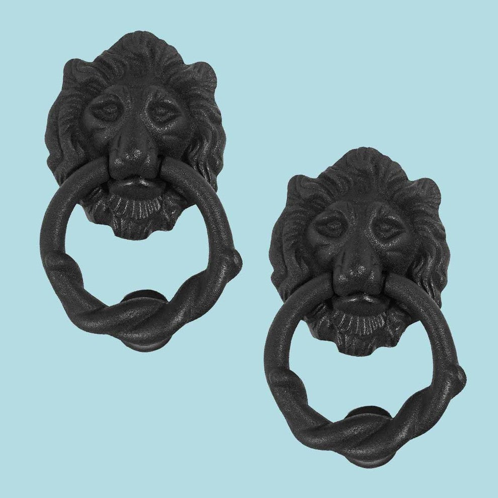 2 Piece Black Lion Front Door Knocker Cast Iron Rustproof Finish 6"