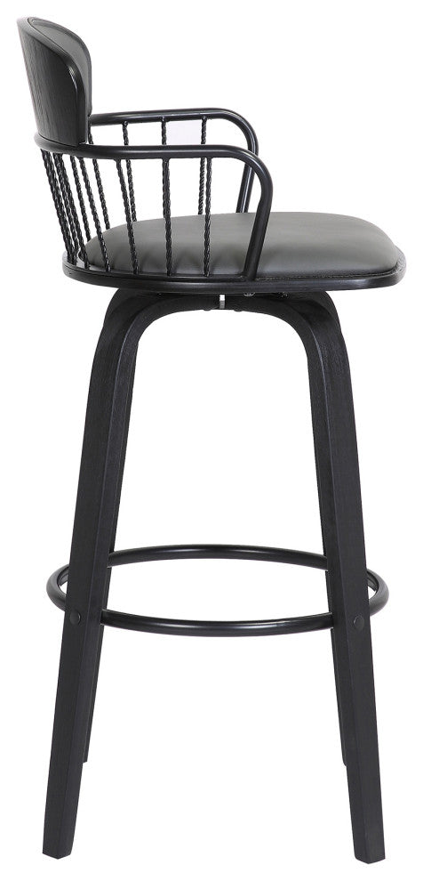 Willow 25.5" Swivel Black Wood Counter Stool Gray Faux Leather with Black Metal, 30
