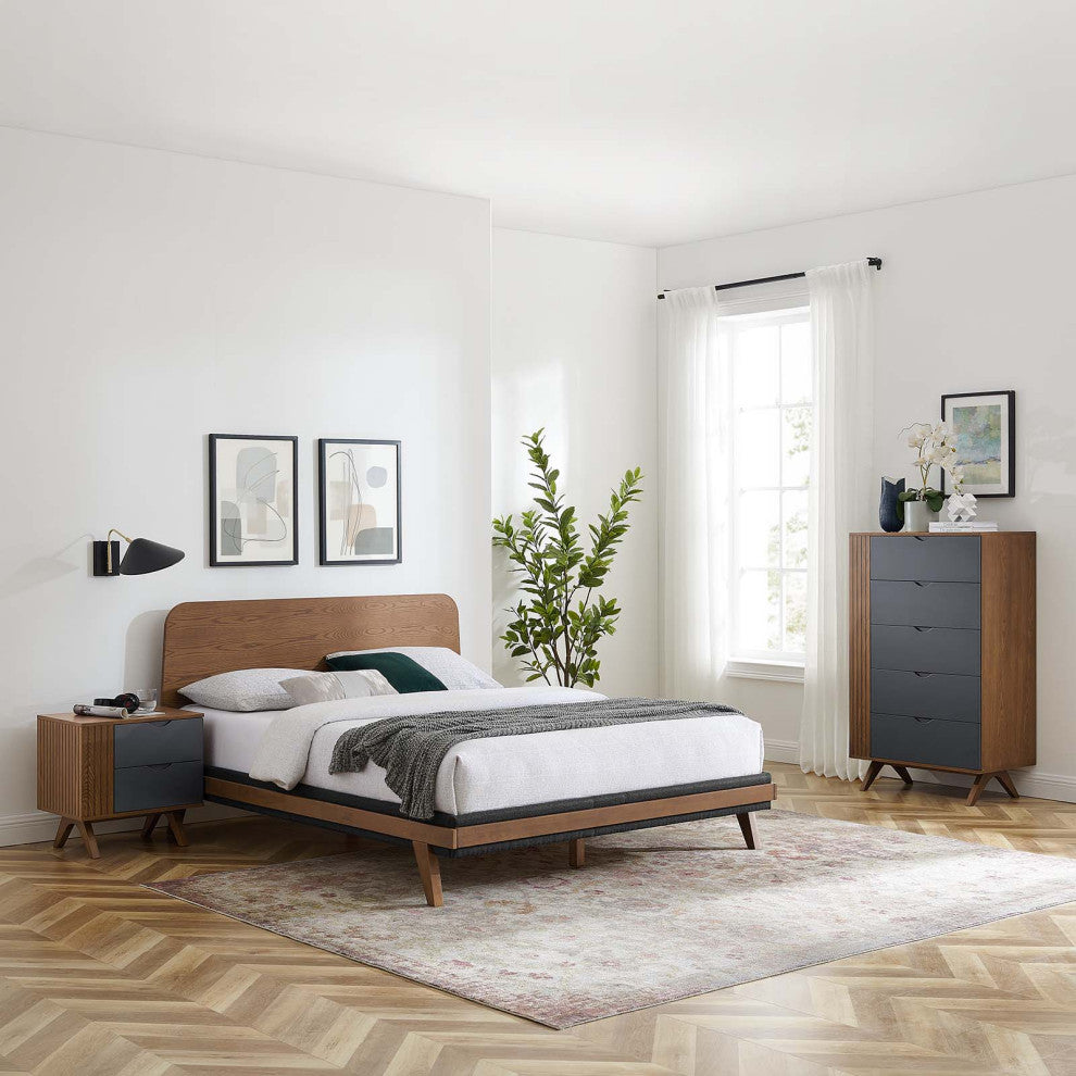 Platform Bed Dresser Chest Nightstand Set, Queen, Walnut, Wood, Modern
