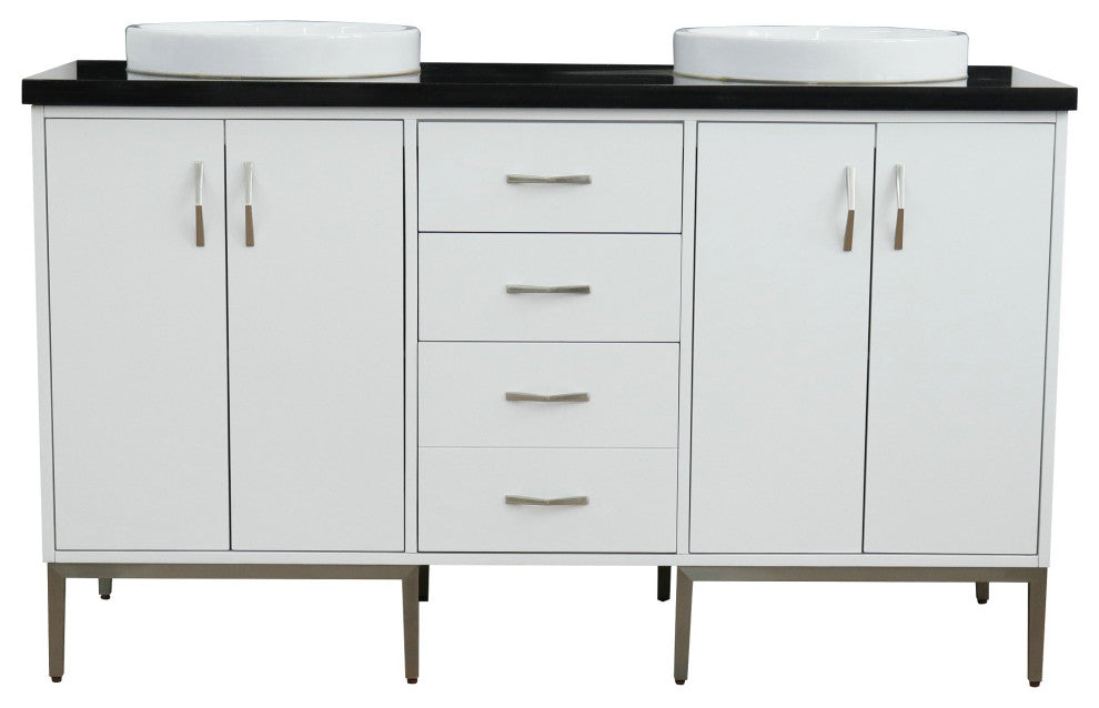 61" Double Sink Vanity, White Finish With Black Galaxy Granite And Round Sink