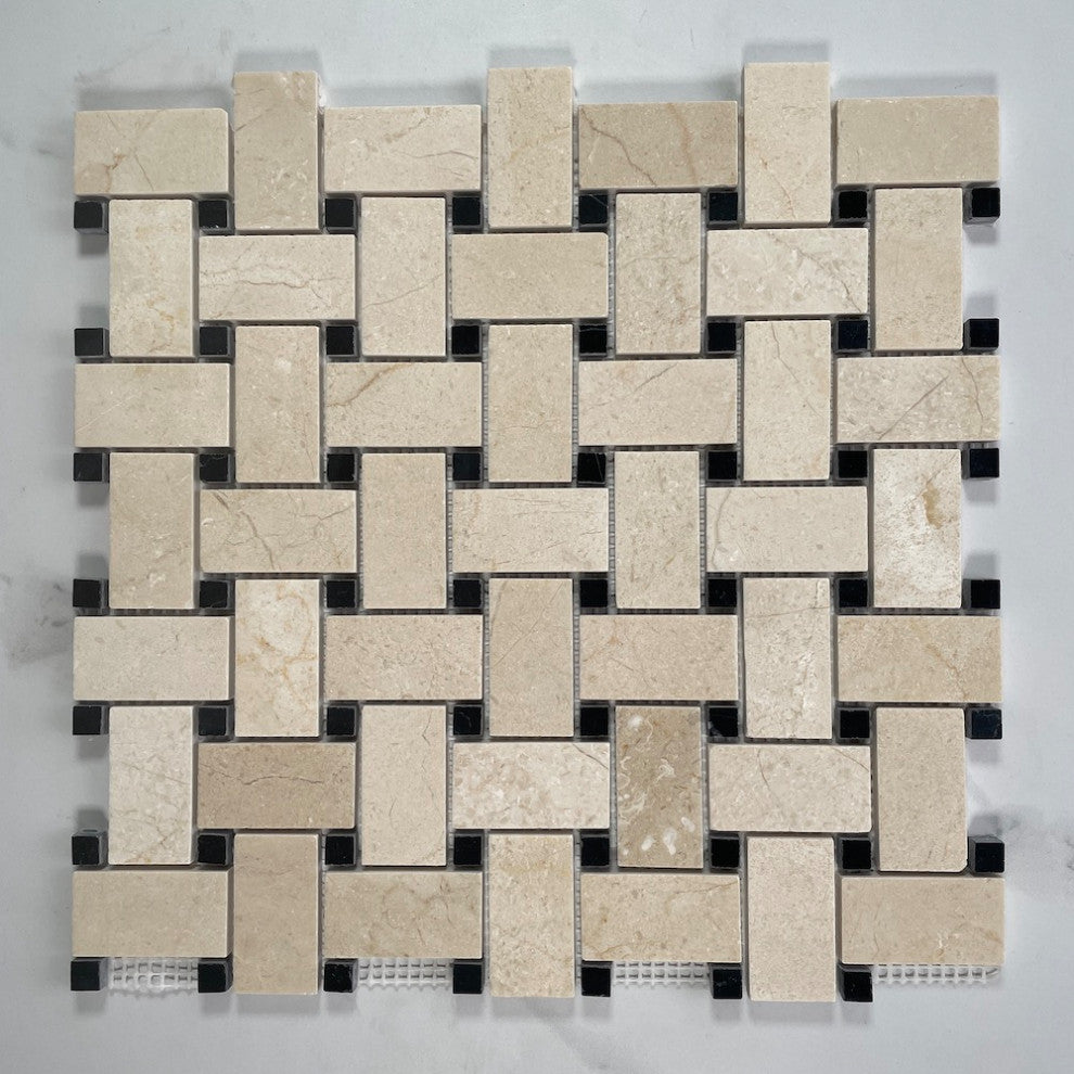 Crema Marfil Marble 1x2 Basketweave Mosaic Tile Black Dots Polished, 1 sheet