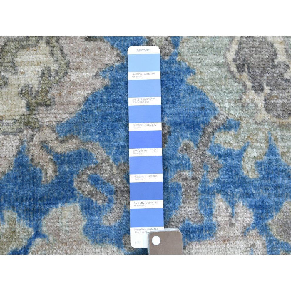 Blue Angora Oushak Bold Colors Leaf Design, Hand Knotted Wool Rug, 4'0"x6'0"