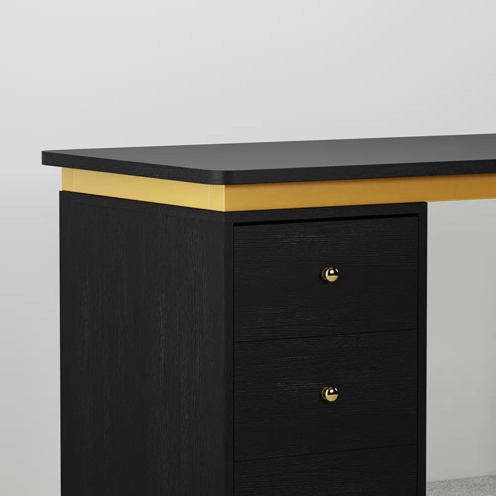 Modern 55" Black Wooden Home Office Writing Desk with Drawers in Gold