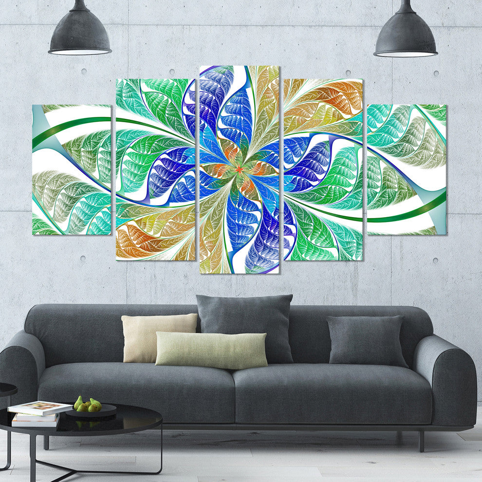 Light Blue Fractal Stained Glass, Abstract Canvas Art Print, 60"x32", 5 Panels