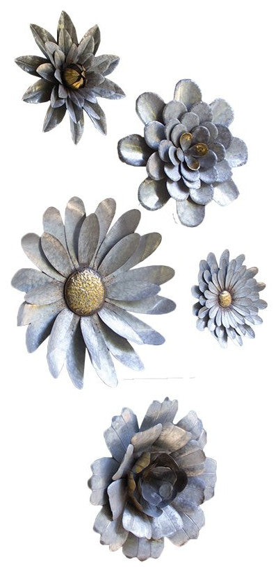 Set of Five Galvanized Metal Wall Flowers