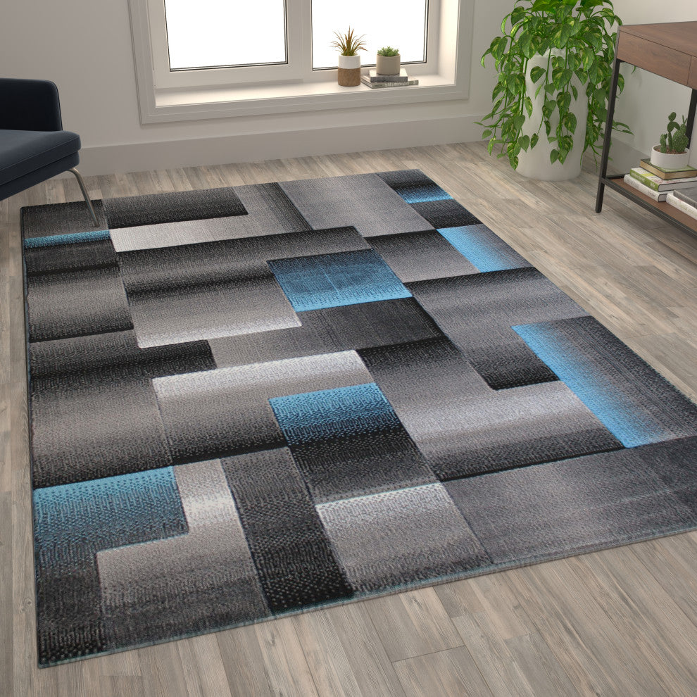 Elio Collection Color Blocked Area Rug, Blue, 6' X 9'